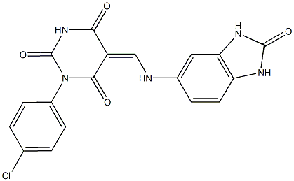 1-(4-chlorophenyl)-5-{[(2-oxo-2,3-dihydro-1H-benzimidazol-5-yl)amino]methylene}-2,4,6(1H,3H,5H)-pyrimidinetrione 结构式