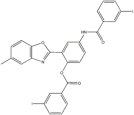 4-{[(3-iodophenyl)carbonyl]amino}-2-(5-methyl-1,3-benzoxazol-2-yl)phenyl 3-iodobenzoate 结构式