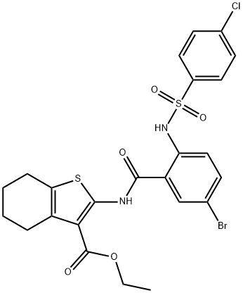 ethyl 2-[(5-bromo-2-{[(4-chlorophenyl)sulfonyl]amino}benzoyl)amino]-4,5,6,7-tetrahydro-1-benzothiophene-3-carboxylate 结构式