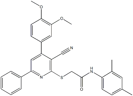 2-{[3-cyano-4-(3,4-dimethoxyphenyl)-6-phenyl-2-pyridinyl]sulfanyl}-N-(2,4-dimethylphenyl)acetamide 结构式