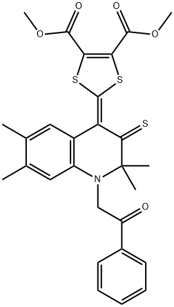 dimethyl 2-(2,2,6,7-tetramethyl-1-(2-oxo-2-phenylethyl)-3-thioxo-2,3-dihydro-4(1H)-quinolinylidene)-1,3-dithiole-4,5-dicarboxylate 结构式