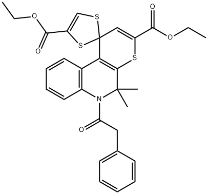 diethyl 5',5'-dimethyl-6'-(phenylacetyl)-5',6'-dihydrospiro(1,3-dithiole-2,1'-(1'H)-thiopyrano[2,3-c]quinoline]-3',4-dicarboxylate 结构式