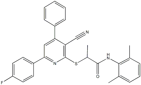 2-{[3-cyano-6-(4-fluorophenyl)-4-phenyl-2-pyridinyl]sulfanyl}-N-(2,6-dimethylphenyl)propanamide 结构式