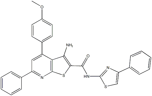 3-amino-4-(4-methoxyphenyl)-6-phenyl-N-(4-phenyl-1,3-thiazol-2-yl)thieno[2,3-b]pyridine-2-carboxamide 结构式