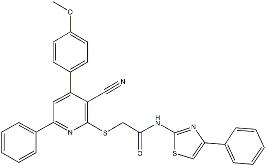 2-{[3-cyano-4-(4-methoxyphenyl)-6-phenyl-2-pyridinyl]sulfanyl}-N-(4-phenyl-1,3-thiazol-2-yl)acetamide 结构式