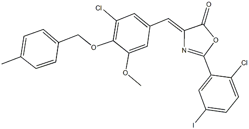 2-(2-chloro-5-iodophenyl)-4-{3-chloro-5-methoxy-4-[(4-methylbenzyl)oxy]benzylidene}-1,3-oxazol-5(4H)-one 结构式
