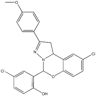 4-chloro-2-{9-chloro-2-[4-(methyloxy)phenyl]-1,10b-dihydropyrazolo[1,5-c][1,3]benzoxazin-5-yl}phenol 结构式