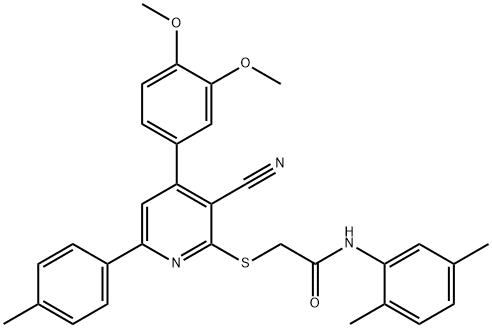 2-{[3-cyano-4-(3,4-dimethoxyphenyl)-6-(4-methylphenyl)-2-pyridinyl]sulfanyl}-N-(2,5-dimethylphenyl)acetamide 结构式