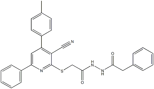 2-{[3-cyano-4-(4-methylphenyl)-6-phenyl-2-pyridinyl]sulfanyl}-N'-(phenylacetyl)acetohydrazide 结构式