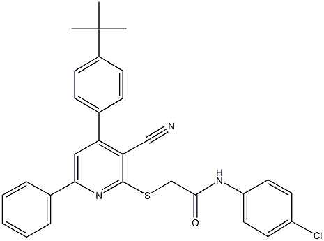 2-{[4-(4-tert-butylphenyl)-3-cyano-6-phenyl-2-pyridinyl]sulfanyl}-N-(4-chlorophenyl)acetamide 结构式