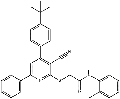 2-{[4-(4-tert-butylphenyl)-3-cyano-6-phenyl-2-pyridinyl]sulfanyl}-N-(2-methylphenyl)acetamide 结构式