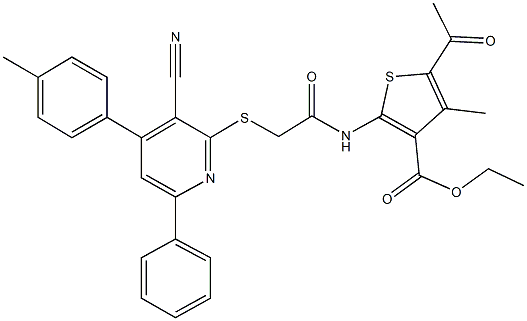 ethyl 5-acetyl-2-[({[3-cyano-4-(4-methylphenyl)-6-phenyl-2-pyridinyl]sulfanyl}acetyl)amino]-4-methyl-3-thiophenecarboxylate 结构式