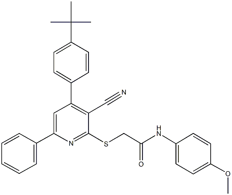 2-{[4-(4-tert-butylphenyl)-3-cyano-6-phenyl-2-pyridinyl]sulfanyl}-N-(4-methoxyphenyl)acetamide 结构式
