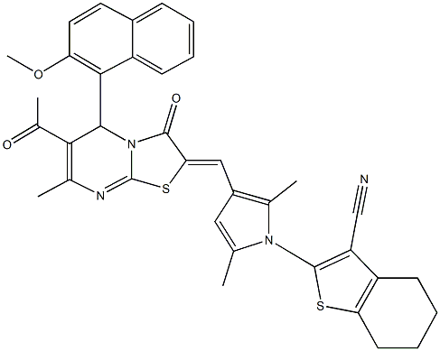 2-(3-{[6-acetyl-5-(2-methoxy-1-naphthyl)-7-methyl-3-oxo-5H-[1,3]thiazolo[3,2-a]pyrimidin-2(3H)-ylidene]methyl}-2,5-dimethyl-1H-pyrrol-1-yl)-4,5,6,7-tetrahydro-1-benzothiophene-3-carbonitrile 结构式