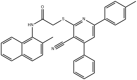 2-{[3-cyano-6-(4-methylphenyl)-4-phenyl-2-pyridinyl]sulfanyl}-N-(2-methyl-1-naphthyl)acetamide 结构式