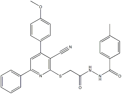 2-{[3-cyano-4-(4-methoxyphenyl)-6-phenyl-2-pyridinyl]sulfanyl}-N'-(4-methylbenzoyl)acetohydrazide 结构式