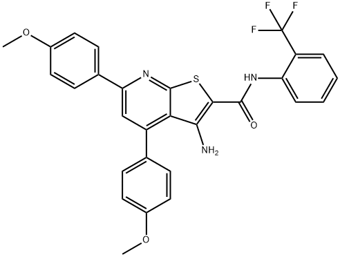 3-amino-4,6-bis(4-methoxyphenyl)-N-[2-(trifluoromethyl)phenyl]thieno[2,3-b]pyridine-2-carboxamide 结构式