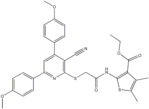 ethyl 2-[({[3-cyano-4,6-bis(4-methoxyphenyl)-2-pyridinyl]sulfanyl}acetyl)amino]-4,5-dimethyl-3-thiophenecarboxylate 结构式