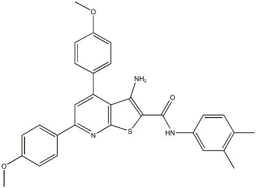 3-amino-N-(3,4-dimethylphenyl)-4,6-bis(4-methoxyphenyl)thieno[2,3-b]pyridine-2-carboxamide 结构式