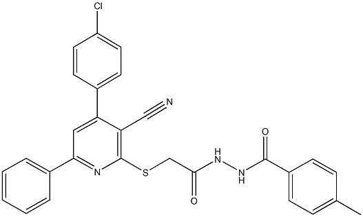 2-{[4-(4-chlorophenyl)-3-cyano-6-phenyl-2-pyridinyl]sulfanyl}-N'-(4-methylbenzoyl)acetohydrazide 结构式