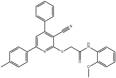 2-{[3-cyano-6-(4-methylphenyl)-4-phenyl-2-pyridinyl]sulfanyl}-N-(2-methoxyphenyl)acetamide 结构式