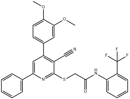 2-{[3-cyano-4-(3,4-dimethoxyphenyl)-6-phenyl-2-pyridinyl]sulfanyl}-N-[2-(trifluoromethyl)phenyl]acetamide 结构式