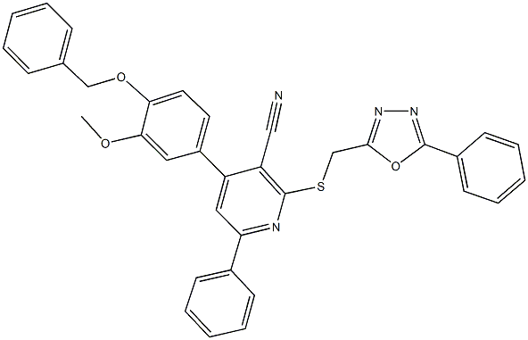 4-[4-(benzyloxy)-3-methoxyphenyl]-6-phenyl-2-{[(5-phenyl-1,3,4-oxadiazol-2-yl)methyl]sulfanyl}nicotinonitrile 结构式