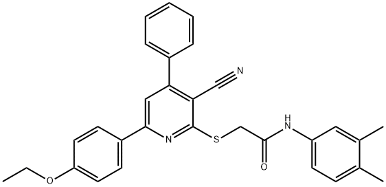 2-{[3-cyano-6-(4-ethoxyphenyl)-4-phenyl-2-pyridinyl]sulfanyl}-N-(3,4-dimethylphenyl)acetamide 结构式