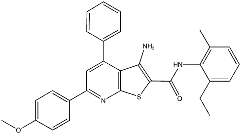 3-amino-N-(2-ethyl-6-methylphenyl)-6-(4-methoxyphenyl)-4-phenylthieno[2,3-b]pyridine-2-carboxamide 结构式