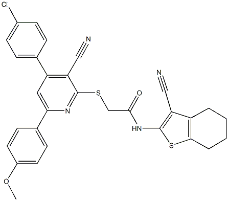 2-{[4-(4-chlorophenyl)-3-cyano-6-(4-methoxyphenyl)-2-pyridinyl]sulfanyl}-N-(3-cyano-4,5,6,7-tetrahydro-1-benzothien-2-yl)acetamide 结构式