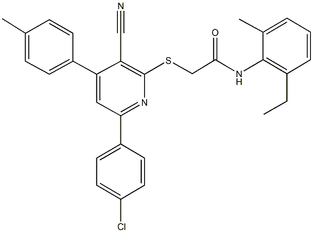 2-{[6-(4-chlorophenyl)-3-cyano-4-(4-methylphenyl)-2-pyridinyl]sulfanyl}-N-(2-ethyl-6-methylphenyl)acetamide 结构式