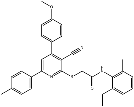 2-{[3-cyano-4-(4-methoxyphenyl)-6-(4-methylphenyl)-2-pyridinyl]sulfanyl}-N-(2-ethyl-6-methylphenyl)acetamide 结构式