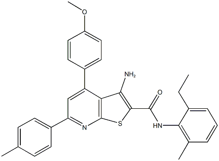 3-amino-N-(2-ethyl-6-methylphenyl)-4-(4-methoxyphenyl)-6-(4-methylphenyl)thieno[2,3-b]pyridine-2-carboxamide 结构式