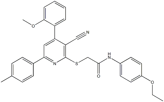 2-{[3-cyano-4-(2-methoxyphenyl)-6-(4-methylphenyl)-2-pyridinyl]sulfanyl}-N-(4-ethoxyphenyl)acetamide 结构式