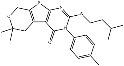 2-(isopentylsulfanyl)-6,6-dimethyl-3-(4-methylphenyl)-3,5,6,8-tetrahydro-4H-pyrano[4',3':4,5]thieno[2,3-d]pyrimidin-4-one 结构式