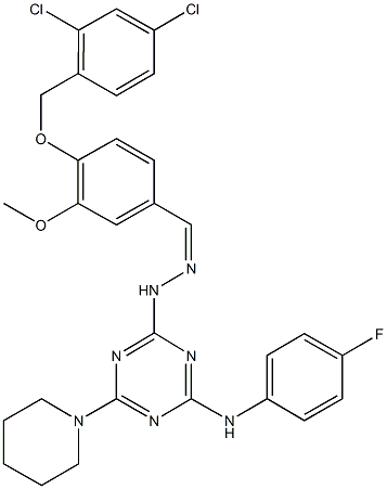 4-{[(2,4-dichlorophenyl)methyl]oxy}-3-(methyloxy)benzaldehyde {4-[(4-fluorophenyl)amino]-6-piperidin-1-yl-1,3,5-triazin-2-yl}hydrazone 结构式