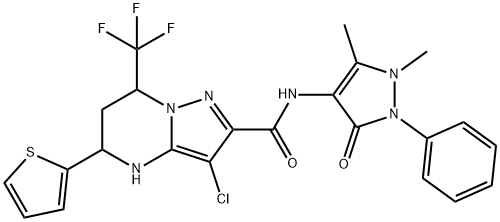 3-chloro-N-(1,5-dimethyl-3-oxo-2-phenyl-2,3-dihydro-1H-pyrazol-4-yl)-5-(2-thienyl)-7-(trifluoromethyl)-4,5,6,7-tetrahydropyrazolo[1,5-a]pyrimidine-2-carboxamide 结构式