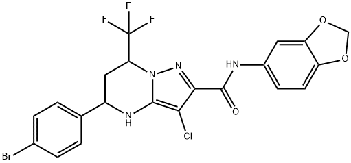 N-(1,3-benzodioxol-5-yl)-5-(4-bromophenyl)-3-chloro-7-(trifluoromethyl)-4,5,6,7-tetrahydropyrazolo[1,5-a]pyrimidine-2-carboxamide 结构式