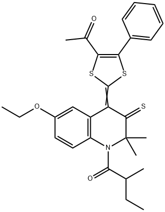 1-[2-(6-ethoxy-2,2-dimethyl-1-(2-methylbutanoyl)-3-thioxo-2,3-dihydro-4(1H)-quinolinylidene)-5-phenyl-1,3-dithiol-4-yl]ethanone 结构式