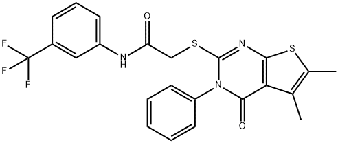 2-[(5,6-dimethyl-4-oxo-3-phenyl-3,4-dihydrothieno[2,3-d]pyrimidin-2-yl)sulfanyl]-N-[3-(trifluoromethyl)phenyl]acetamide 结构式