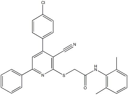2-{[4-(4-chlorophenyl)-3-cyano-6-phenyl-2-pyridinyl]sulfanyl}-N-(2,6-dimethylphenyl)acetamide 结构式