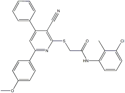 N-(3-chloro-2-methylphenyl)-2-{[3-cyano-6-(4-methoxyphenyl)-4-phenyl-2-pyridinyl]sulfanyl}acetamide 结构式