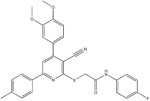 2-{[3-cyano-4-(3,4-dimethoxyphenyl)-6-(4-methylphenyl)-2-pyridinyl]sulfanyl}-N-(4-fluorophenyl)acetamide 结构式