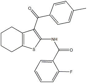 2-fluoro-N-[3-(4-methylbenzoyl)-4,5,6,7-tetrahydro-1-benzothien-2-yl]benzamide 结构式