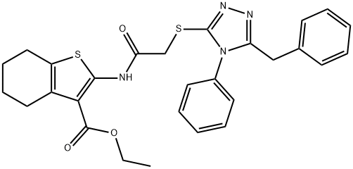 ethyl 2-({[(5-benzyl-4-phenyl-4H-1,2,4-triazol-3-yl)sulfanyl]acetyl}amino)-4,5,6,7-tetrahydro-1-benzothiophene-3-carboxylate 结构式