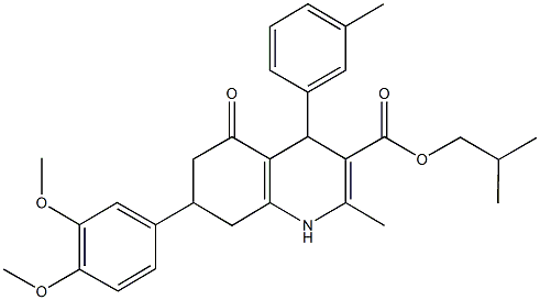 isobutyl 7-(3,4-dimethoxyphenyl)-2-methyl-4-(3-methylphenyl)-5-oxo-1,4,5,6,7,8-hexahydro-3-quinolinecarboxylate 结构式