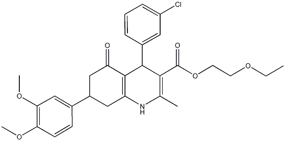 2-ethoxyethyl 4-(3-chlorophenyl)-7-(3,4-dimethoxyphenyl)-2-methyl-5-oxo-1,4,5,6,7,8-hexahydro-3-quinolinecarboxylate 结构式