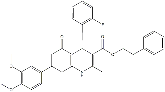 2-phenylethyl 7-(3,4-dimethoxyphenyl)-4-(2-fluorophenyl)-2-methyl-5-oxo-1,4,5,6,7,8-hexahydro-3-quinolinecarboxylate 结构式