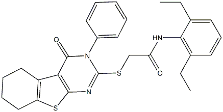 N-(2,6-diethylphenyl)-2-[(4-oxo-3-phenyl-3,4,5,6,7,8-hexahydro[1]benzothieno[2,3-d]pyrimidin-2-yl)sulfanyl]acetamide 结构式