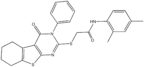 N-(2,4-dimethylphenyl)-2-[(4-oxo-3-phenyl-3,4,5,6,7,8-hexahydro[1]benzothieno[2,3-d]pyrimidin-2-yl)sulfanyl]acetamide 结构式